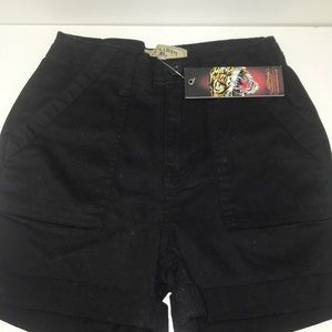Ed Hardy Black Embroidered Shorts Women’s Size 38 Cotton Cuff Leg